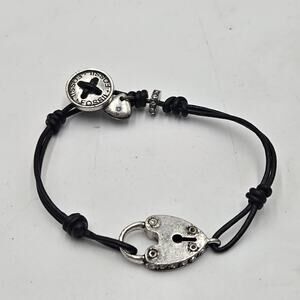 FOSSIL Lock Brown Charm Leather Cord Bracelet Silver Tone Multi Strand Boho